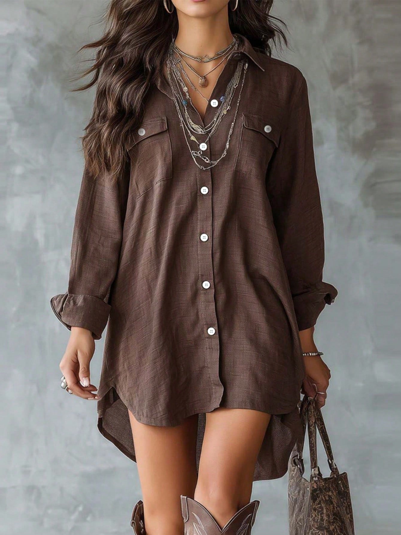 Plus Size Women's Black Long Sleeve Polyester Button-Up Shirt Dress, Lapel Collar, High-Low Hem Design, With Pockets