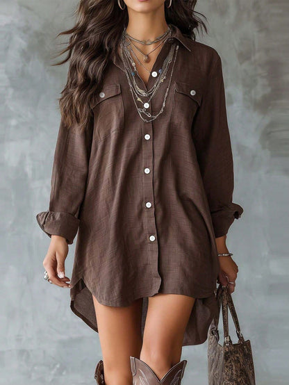 Plus Size Women's Black Long Sleeve Polyester Button-Up Shirt Dress, Lapel Collar, High-Low Hem Design, With Pockets
