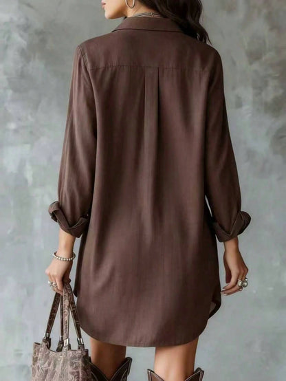 Plus Size Women's Black Long Sleeve Polyester Button-Up Shirt Dress, Lapel Collar, High-Low Hem Design, With Pockets