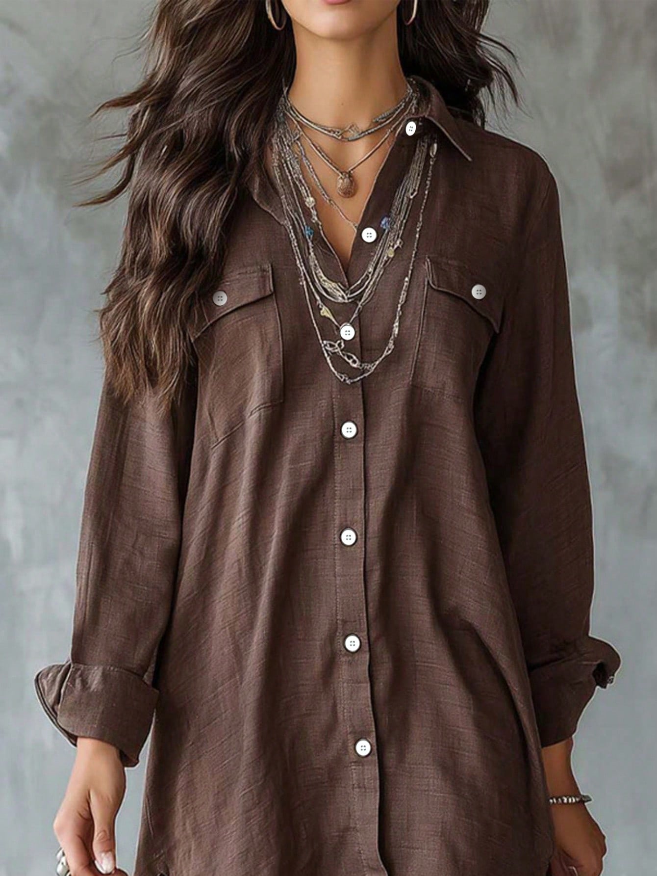 Plus Size Women's Black Long Sleeve Polyester Button-Up Shirt Dress, Lapel Collar, High-Low Hem Design, With Pockets