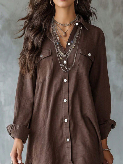 Plus Size Women's Black Long Sleeve Polyester Button-Up Shirt Dress, Lapel Collar, High-Low Hem Design, With Pockets