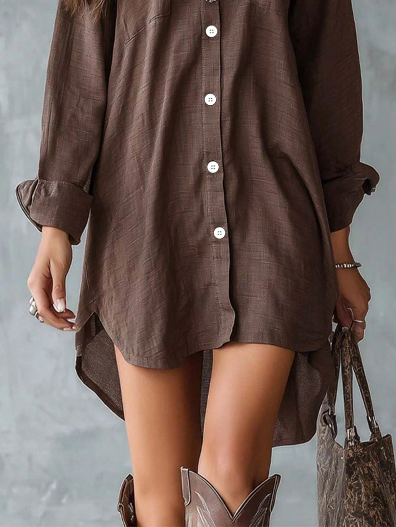 Plus Size Women's Black Long Sleeve Polyester Button-Up Shirt Dress, Lapel Collar, High-Low Hem Design, With Pockets