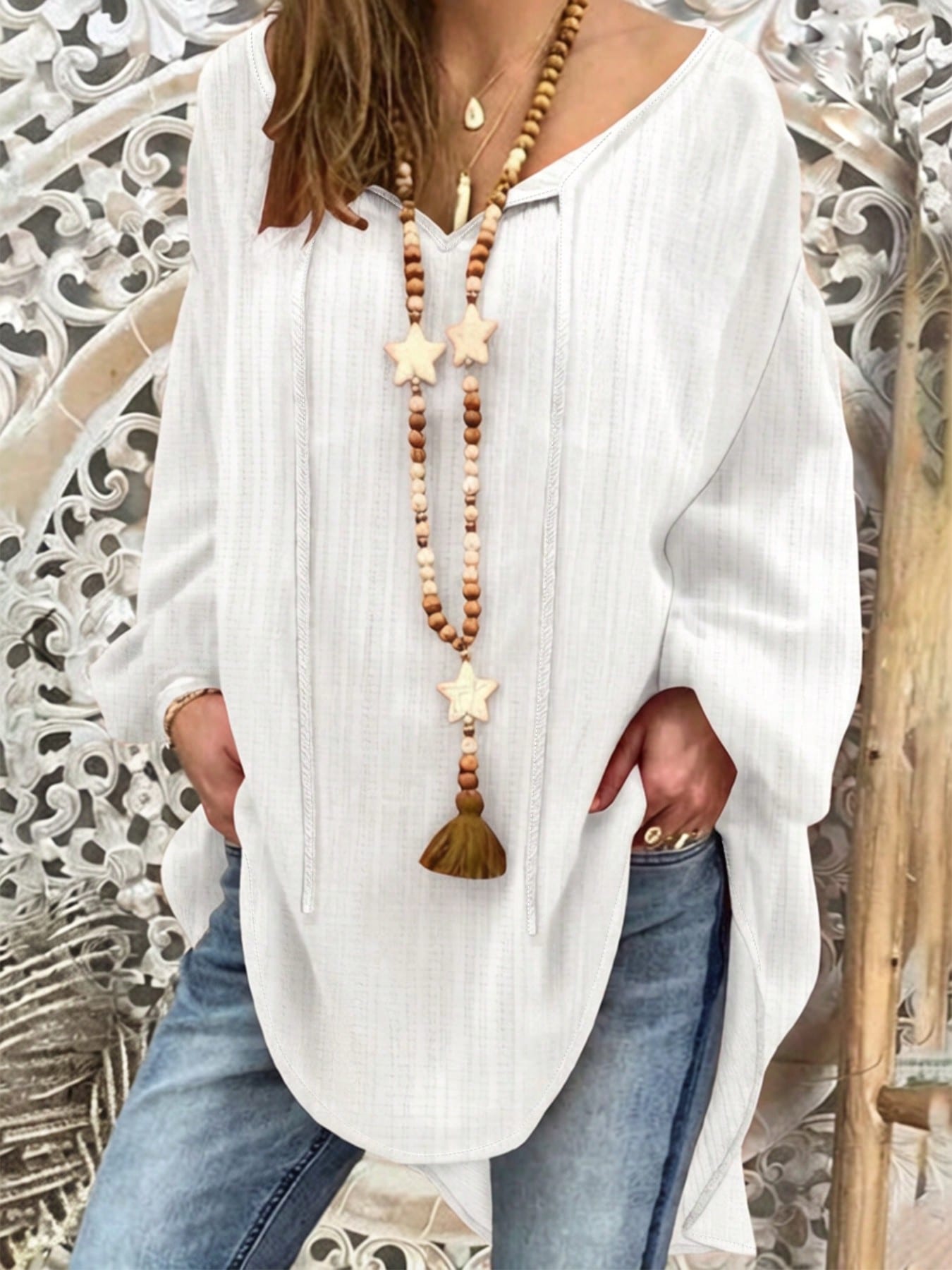 Plus Size Women's Bohemian Style Vacation Loose V-Neck Top, Lightweight Faux Linen Texture Summer Country Style Beach White