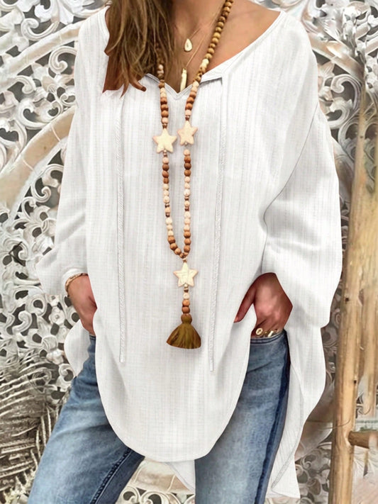 Plus Size Women's Bohemian Style Vacation Loose V-Neck Top, Lightweight Faux Linen Texture Summer Country Style Beach White