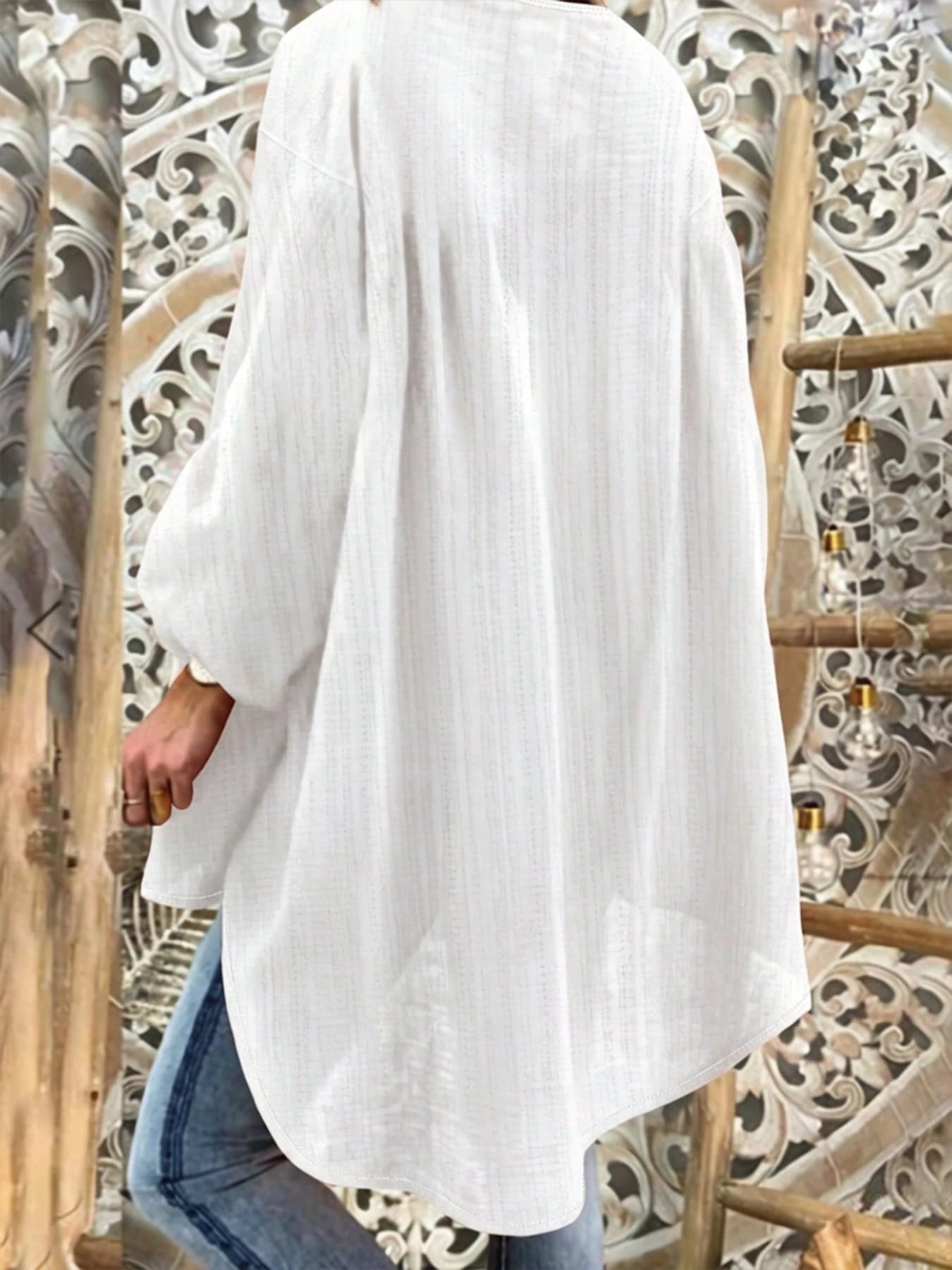 Plus Size Women's Bohemian Style Vacation Loose V-Neck Top, Lightweight Faux Linen Texture Summer Country Style Beach White