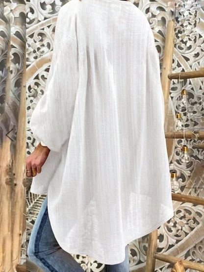 Plus Size Women's Bohemian Style Vacation Loose V-Neck Top, Lightweight Faux Linen Texture Summer Country Style Beach White