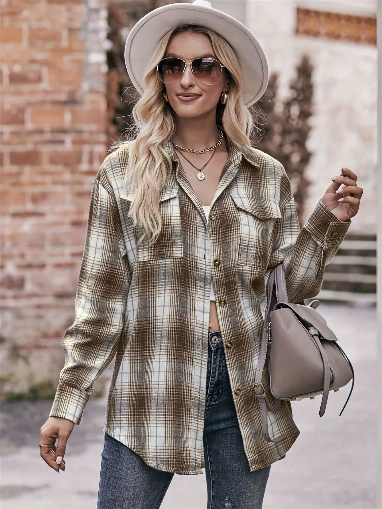 Plus Size Women's Casual Loose Plaid Shirt Spring