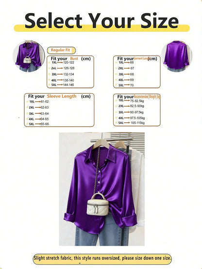 Plus Size Women's Fashion New Arrival Casual Satin Button-Up Shirt Spring