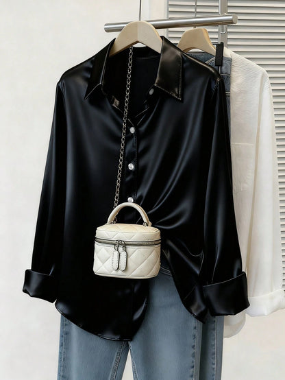 Plus Size Women's Fashion New Arrival Casual Satin Button-Up Shirt Spring