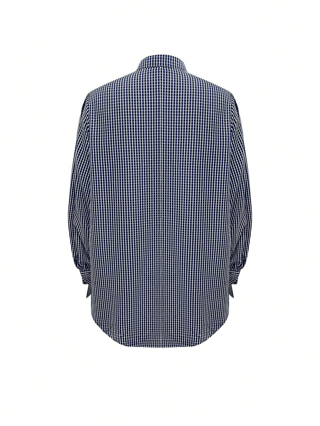 Plus Size Women's New Arrival Fashion Elegant Vacation Bow Tie Long Sleeve Plaid Casual Shirt, Minimalist For Commute, Daily Wear, Tea Party, All Seasons Spring