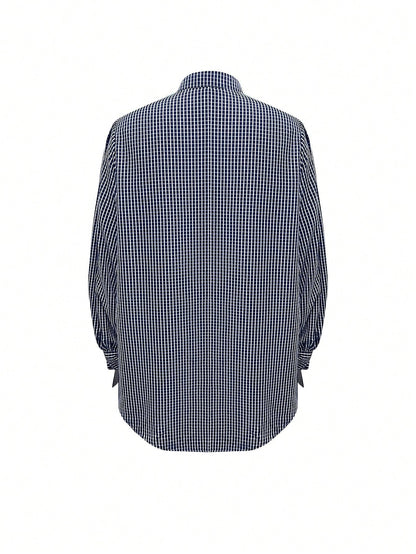Plus Size Women's New Arrival Fashion Elegant Vacation Bow Tie Long Sleeve Plaid Casual Shirt, Minimalist For Commute, Daily Wear, Tea Party, All Seasons Spring