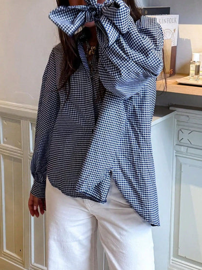 Plus Size Women's New Arrival Fashion Elegant Vacation Bow Tie Long Sleeve Plaid Casual Shirt, Minimalist For Commute, Daily Wear, Tea Party, All Seasons Spring
