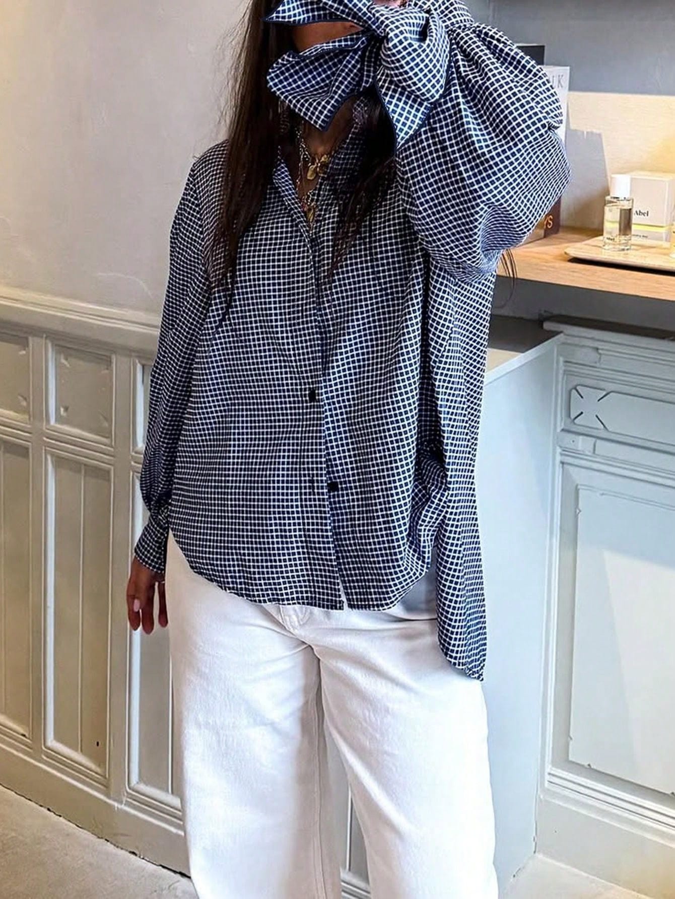 Plus Size Women's New Arrival Fashion Elegant Vacation Bow Tie Long Sleeve Plaid Casual Shirt, Minimalist For Commute, Daily Wear, Tea Party, All Seasons Spring
