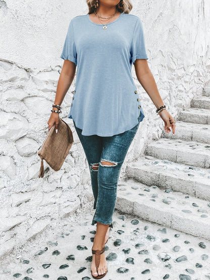 Plus Size Women's Solid Color Round Neck Short Sleeve Side Button Casual T-Shirt