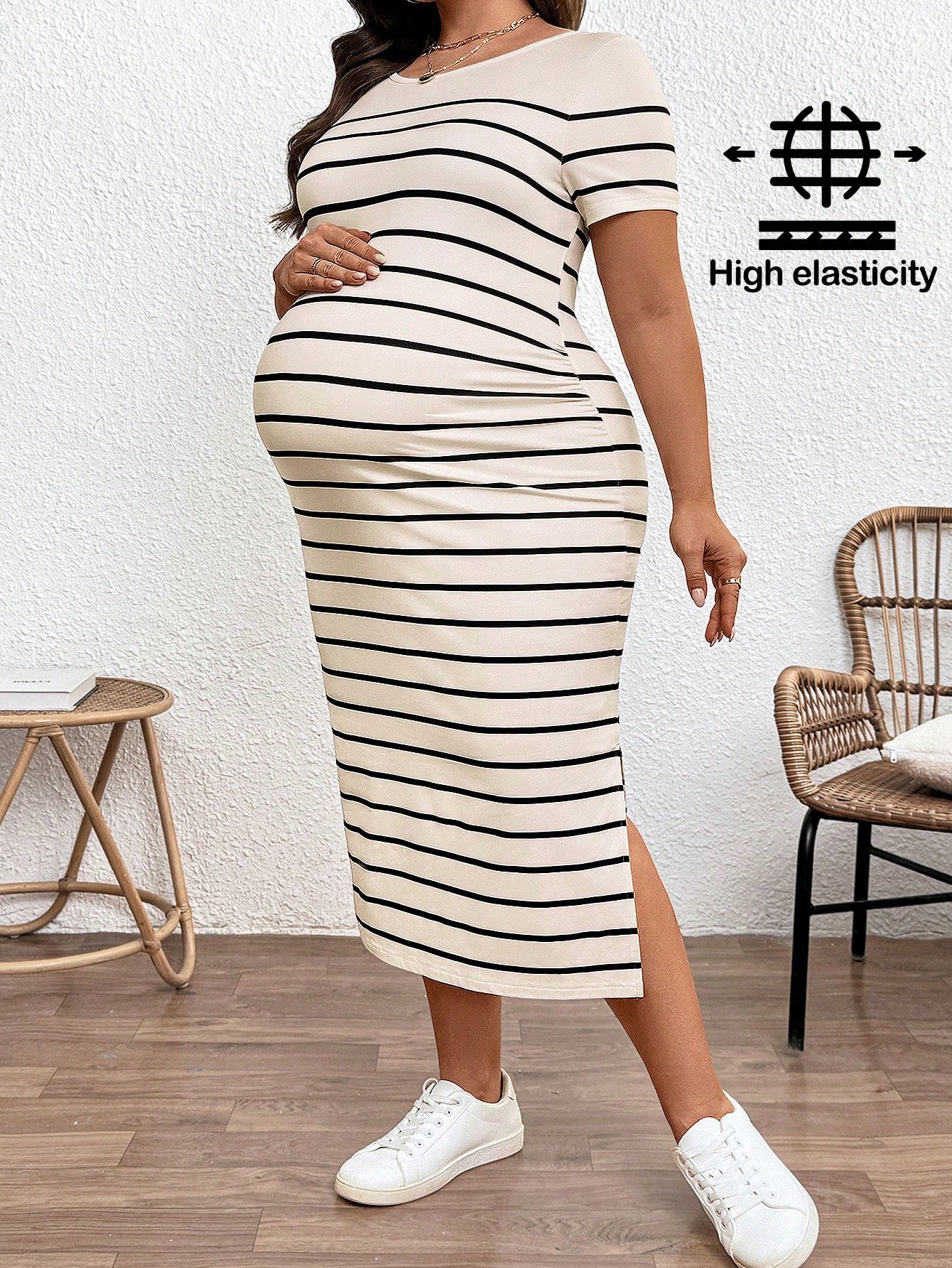 Plussiva Maternity Clothes Plus-Size Wear Dress Summer Leisure Khaki Round Neck Short-Sleeved Striped Casual With Slit Dresses For Women