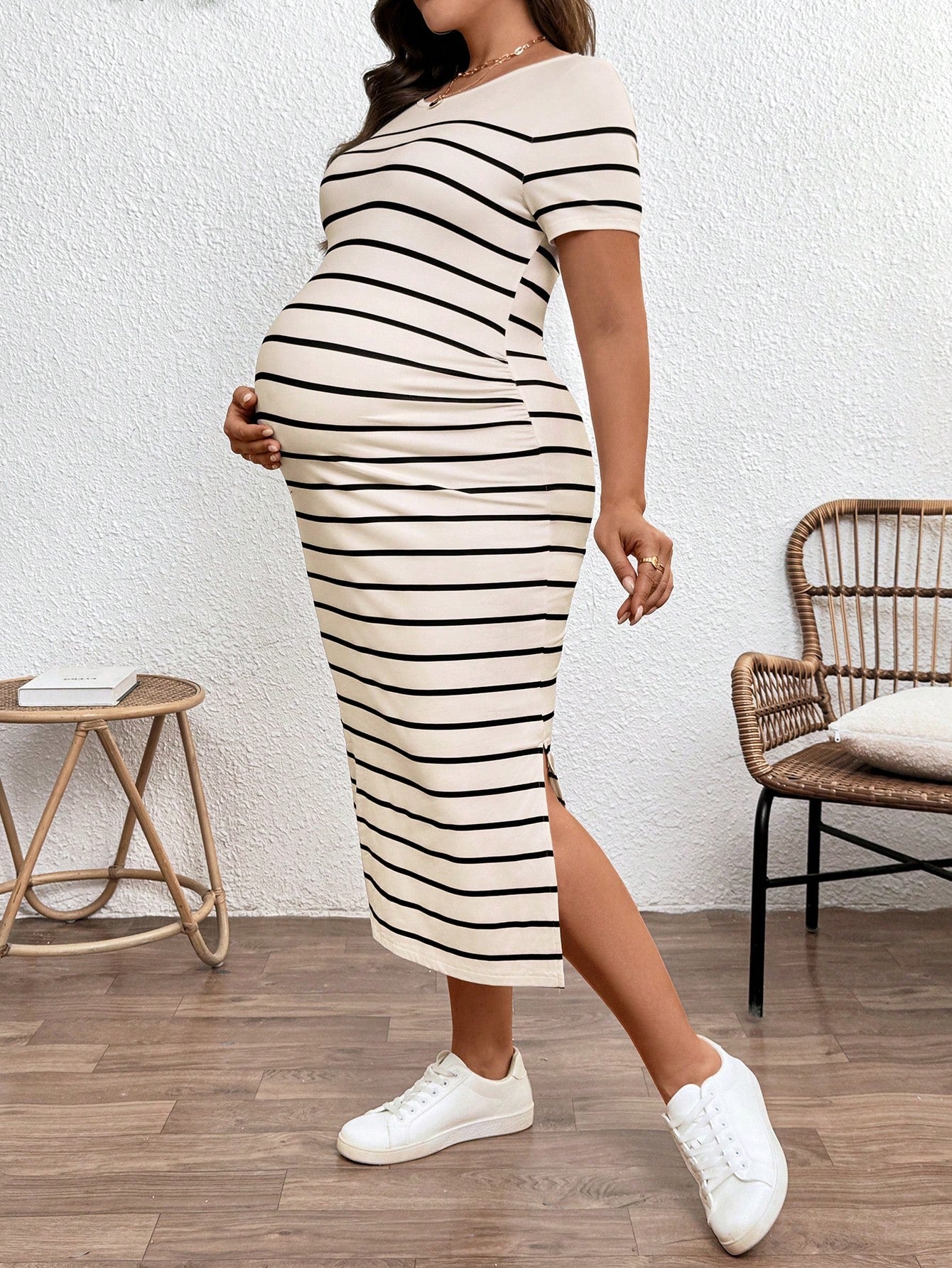 Plussiva Maternity Clothes Plus-Size Wear Dress Summer Leisure Khaki Round Neck Short-Sleeved Striped Casual With Slit Dresses For Women