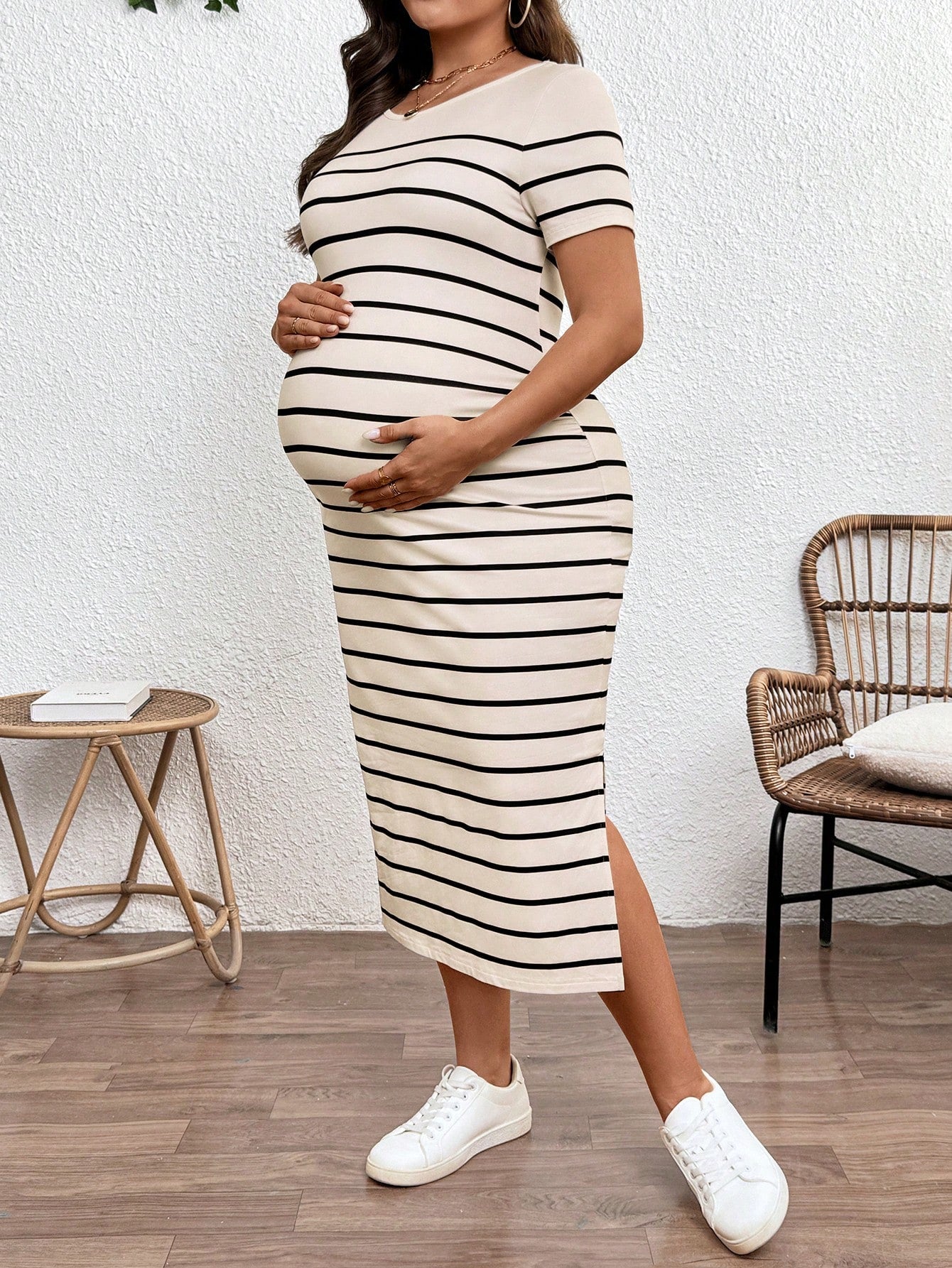 Plussiva Maternity Clothes Plus-Size Wear Dress Summer Leisure Khaki Round Neck Short-Sleeved Striped Casual With Slit Dresses For Women