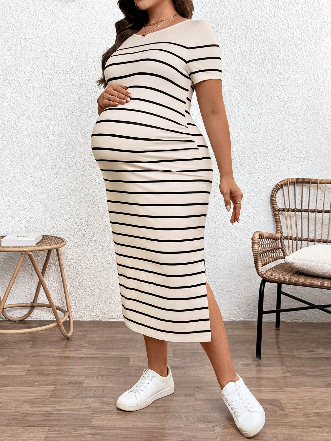 Plussiva Maternity Clothes Plus-Size Wear Dress Summer Leisure Khaki Round Neck Short-Sleeved Striped Casual With Slit Dresses For Women