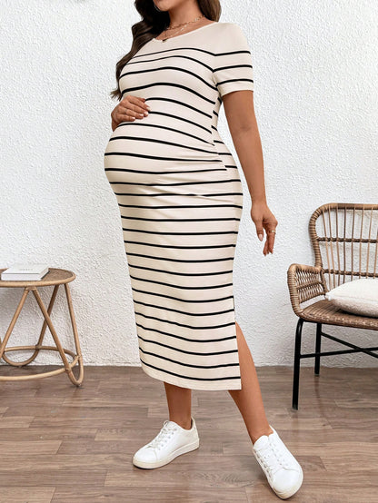 Plussiva Maternity Clothes Plus-Size Wear Dress Summer Leisure Khaki Round Neck Short-Sleeved Striped Casual With Slit Dresses For Women