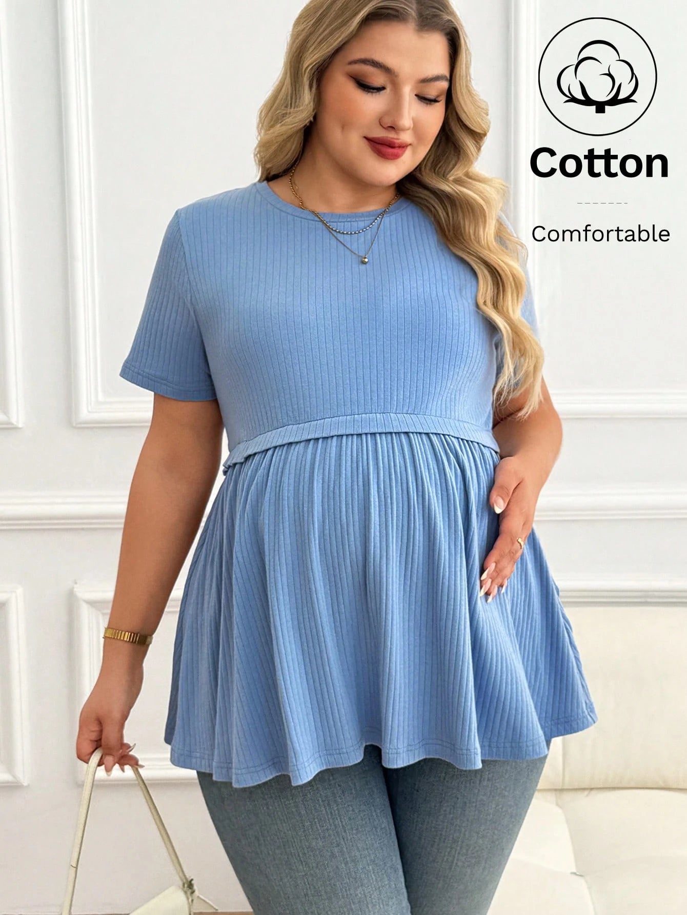 Plussiva Plus Size Maternity Casual Solid Color Short Sleeve Top, Summer