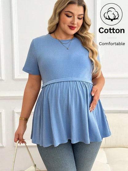 Plussiva Plus Size Maternity Casual Solid Color Short Sleeve Top, Summer