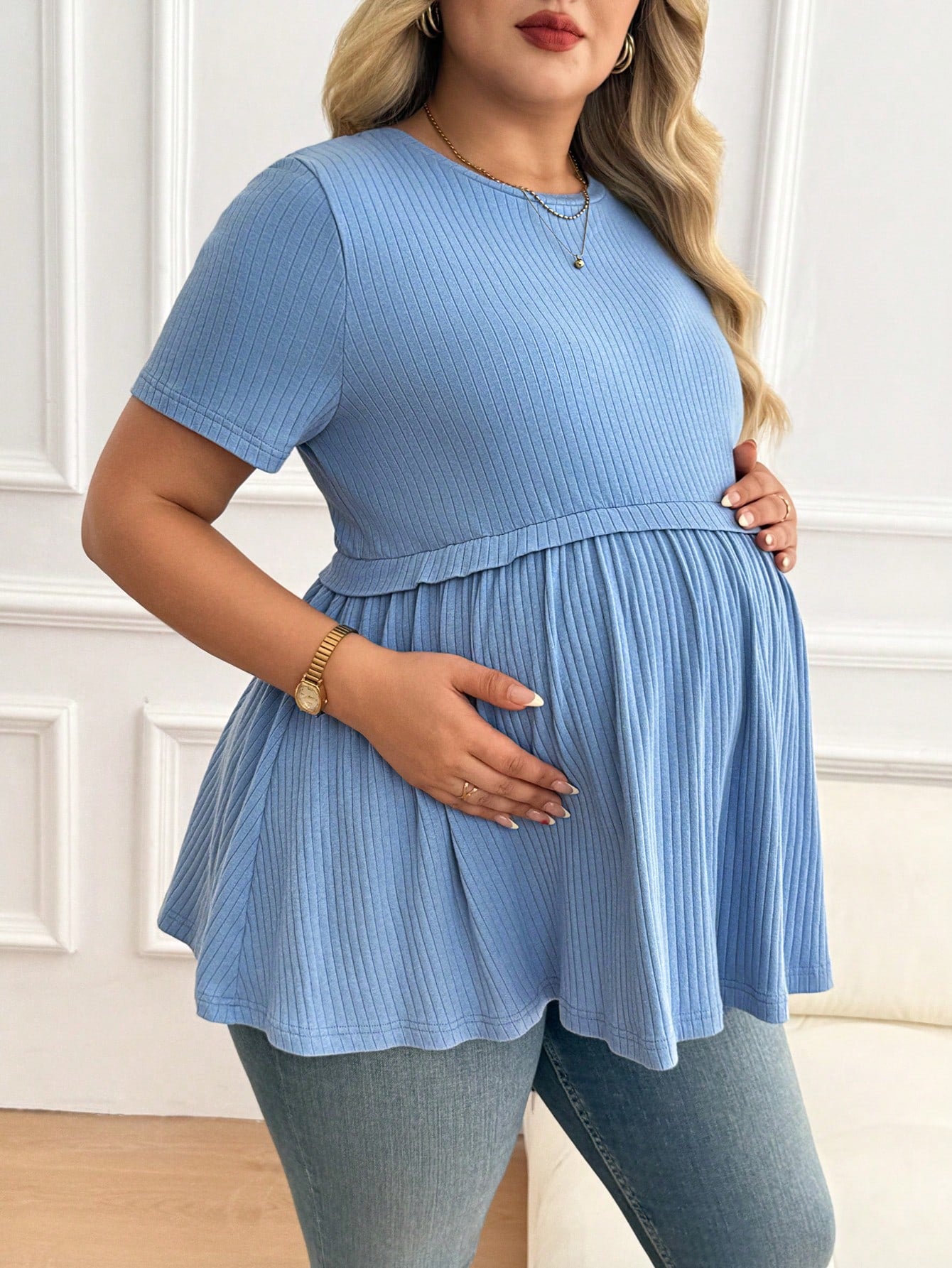 Plussiva Plus Size Maternity Casual Solid Color Short Sleeve Top, Summer