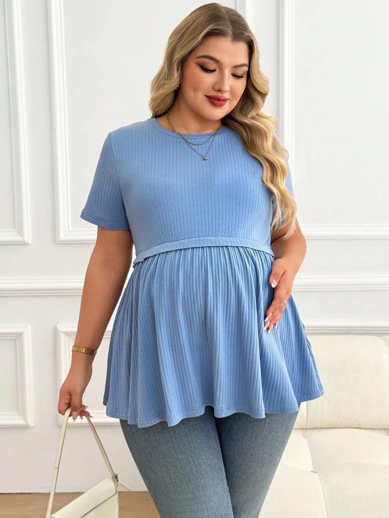 Plussiva Plus Size Maternity Casual Solid Color Short Sleeve Top, Summer