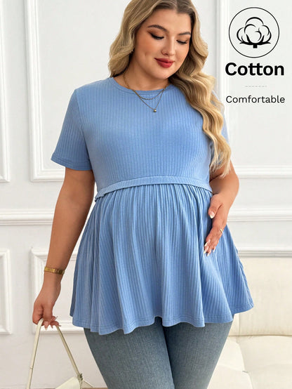 Plussiva Plus Size Maternity Casual Solid Color Short Sleeve Top, Summer