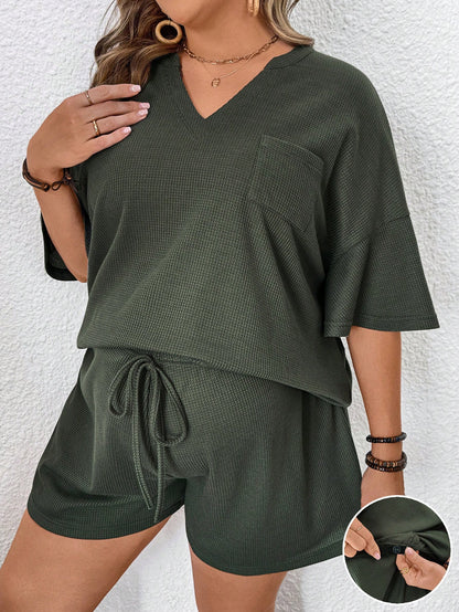 Plussiva Plus Size Maternity Set Dark Green,Sommar,Casual,Everyday Women's V-Neck Short Sleeve Top And Adjustable High Waist Shorts Two-Piece Outfit For Summer