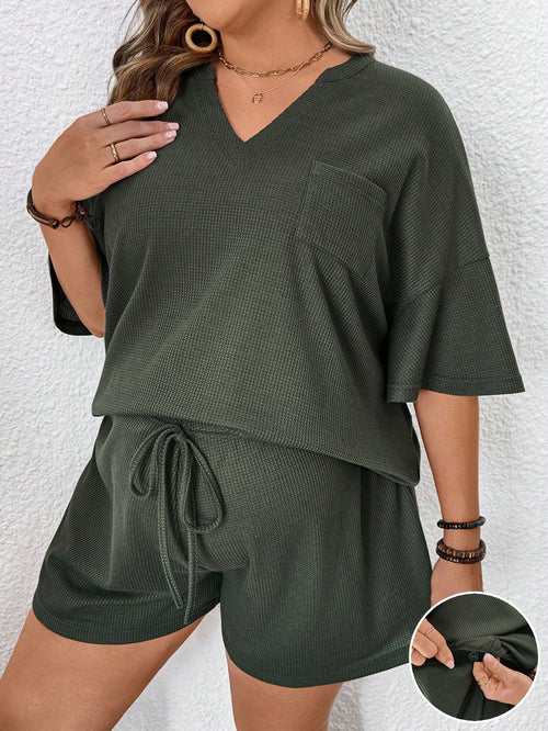 Plussiva Plus Size Maternity Set Dark Green,Sommar,Casual,Everyday Women's V-Neck Short Sleeve Top And Adjustable High Waist Shorts Two-Piece Outfit For Summer