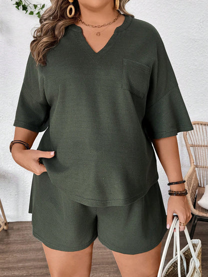 Plussiva Plus Size Maternity Set Dark Green,Sommar,Casual,Everyday Women's V-Neck Short Sleeve Top And Adjustable High Waist Shorts Two-Piece Outfit For Summer