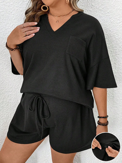 Plussiva Plus Size Maternity Set Dark Green,Sommar,Casual,Everyday Women's V-Neck Short Sleeve Top And Adjustable High Waist Shorts Two-Piece Outfit For Summer