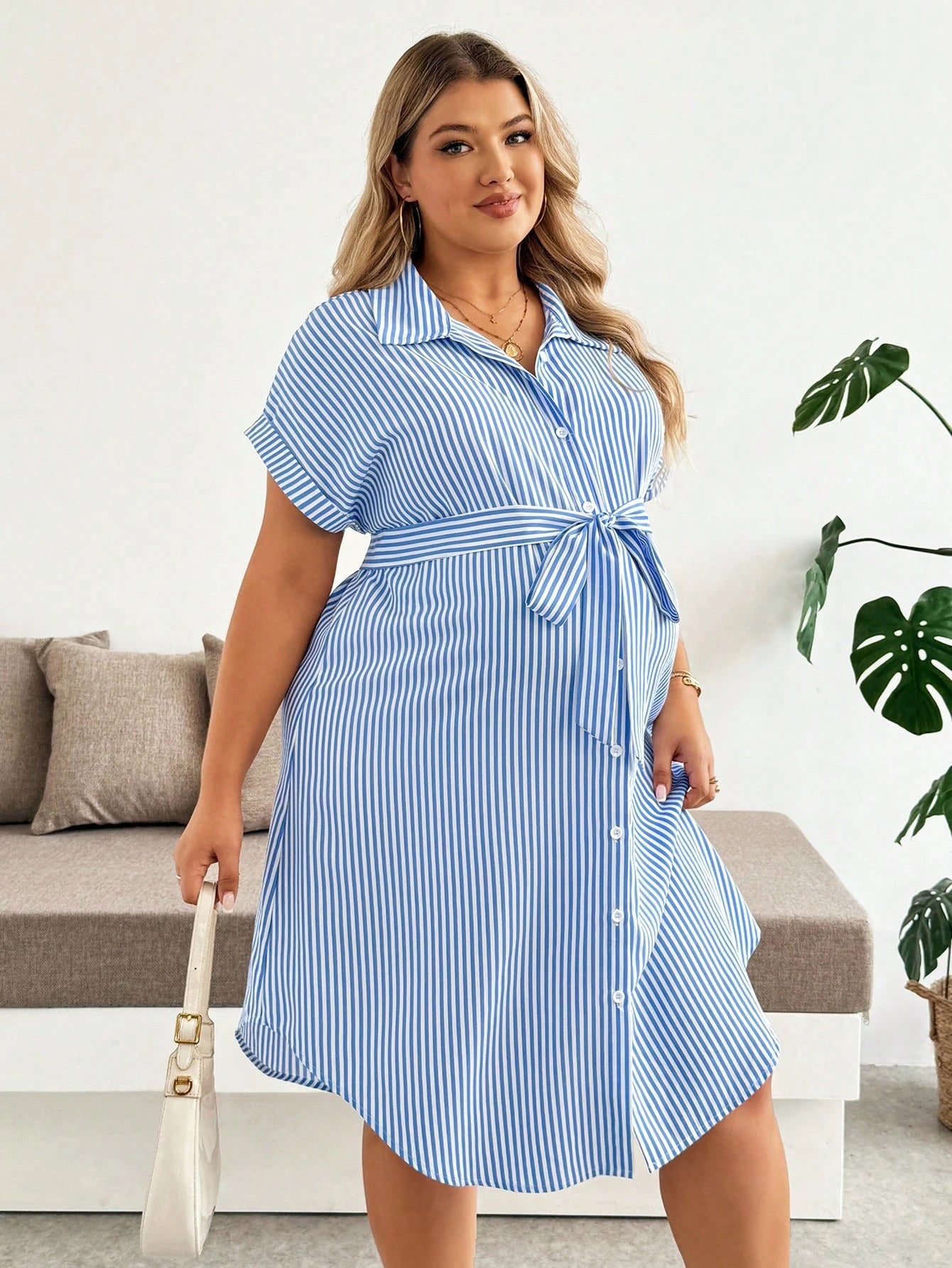 Plussiva Plus Size Maternity Striped Single-Breasted Tie-Waist Short Sleeve Casual Dress Beachwear Summer