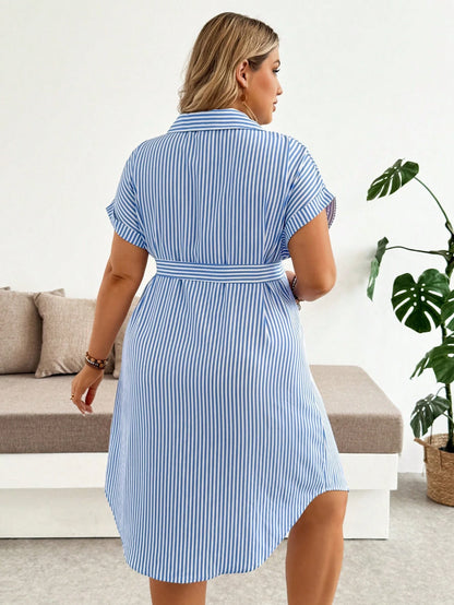 Plussiva Plus Size Maternity Striped Single-Breasted Tie-Waist Short Sleeve Casual Dress Beachwear Summer