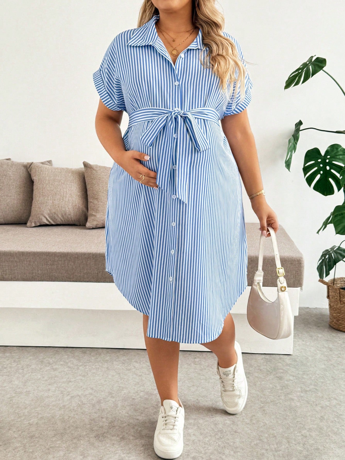Plussiva Plus Size Maternity Striped Single-Breasted Tie-Waist Short Sleeve Casual Dress Beachwear Summer