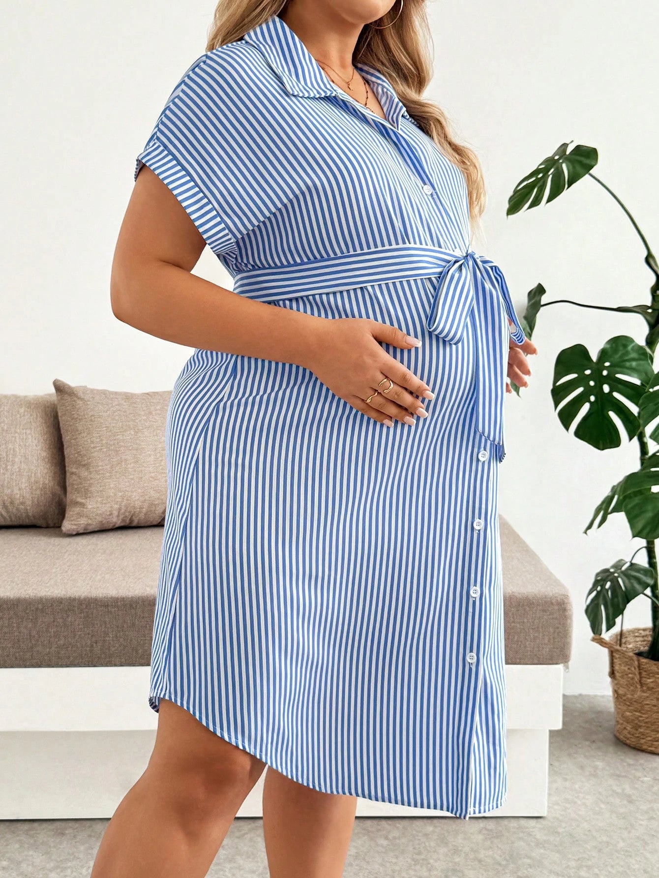 Plussiva Plus Size Maternity Striped Single-Breasted Tie-Waist Short Sleeve Casual Dress Beachwear Summer