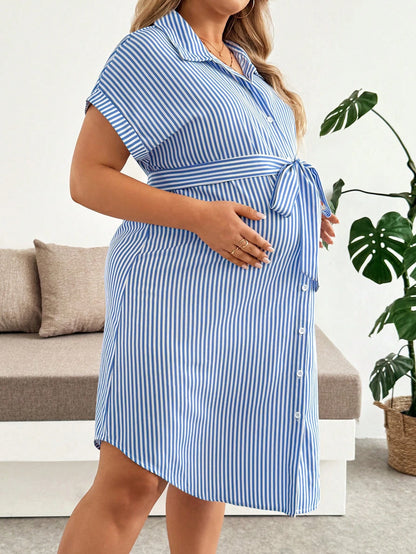 Plussiva Plus Size Maternity Striped Single-Breasted Tie-Waist Short Sleeve Casual Dress Beachwear Summer