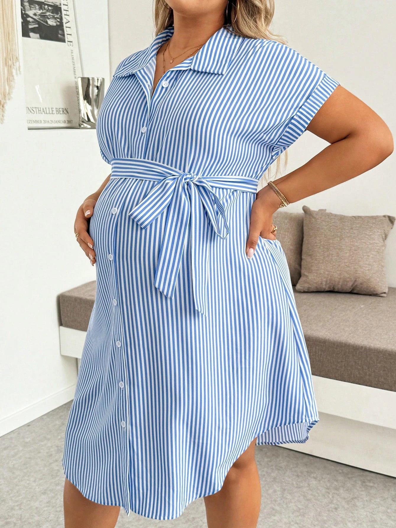 Plussiva Plus Size Maternity Striped Single-Breasted Tie-Waist Short Sleeve Casual Dress Beachwear Summer