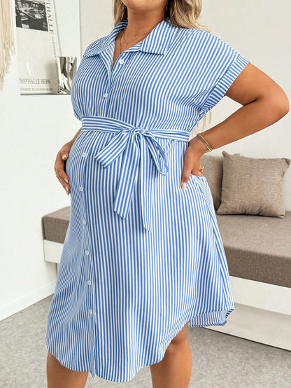 Plussiva Plus Size Maternity Striped Single-Breasted Tie-Waist Short Sleeve Casual Dress Beachwear Summer