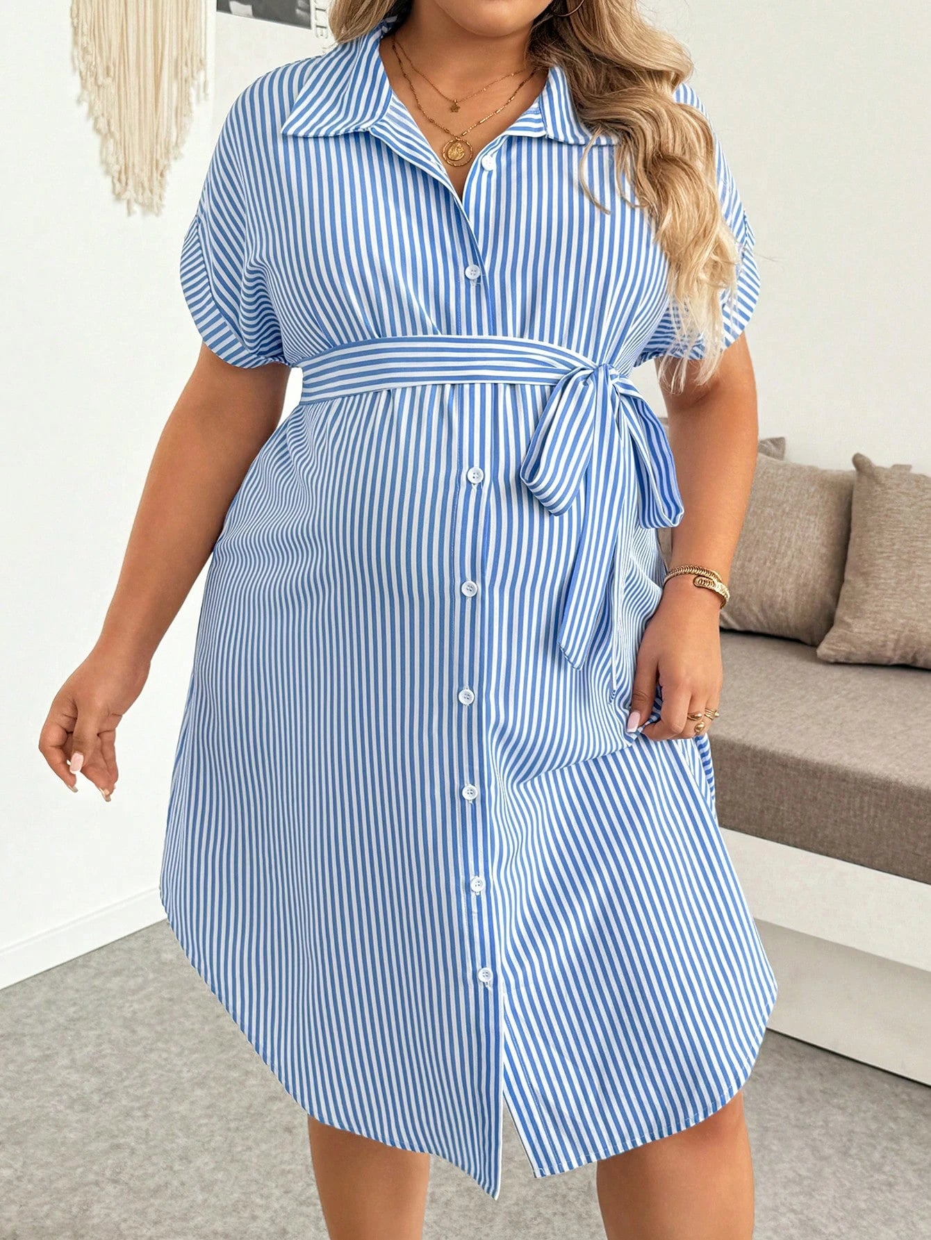 Plussiva Plus Size Maternity Striped Single-Breasted Tie-Waist Short Sleeve Casual Dress Beachwear Summer