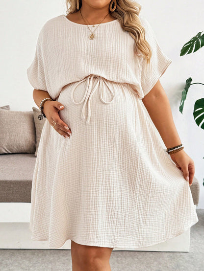 Plussiva Plus Size Pregnant Women's Solid Color Round Neck Batwing Sleeve Casual Dress Maternity Photoshoot Summer