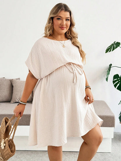 Plussiva Plus Size Pregnant Women's Solid Color Round Neck Batwing Sleeve Casual Dress Maternity Photoshoot Summer