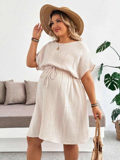 Plussiva Plus Size Pregnant Women's Solid Color Round Neck Batwing Sleeve Casual Dress Maternity Photoshoot Summer