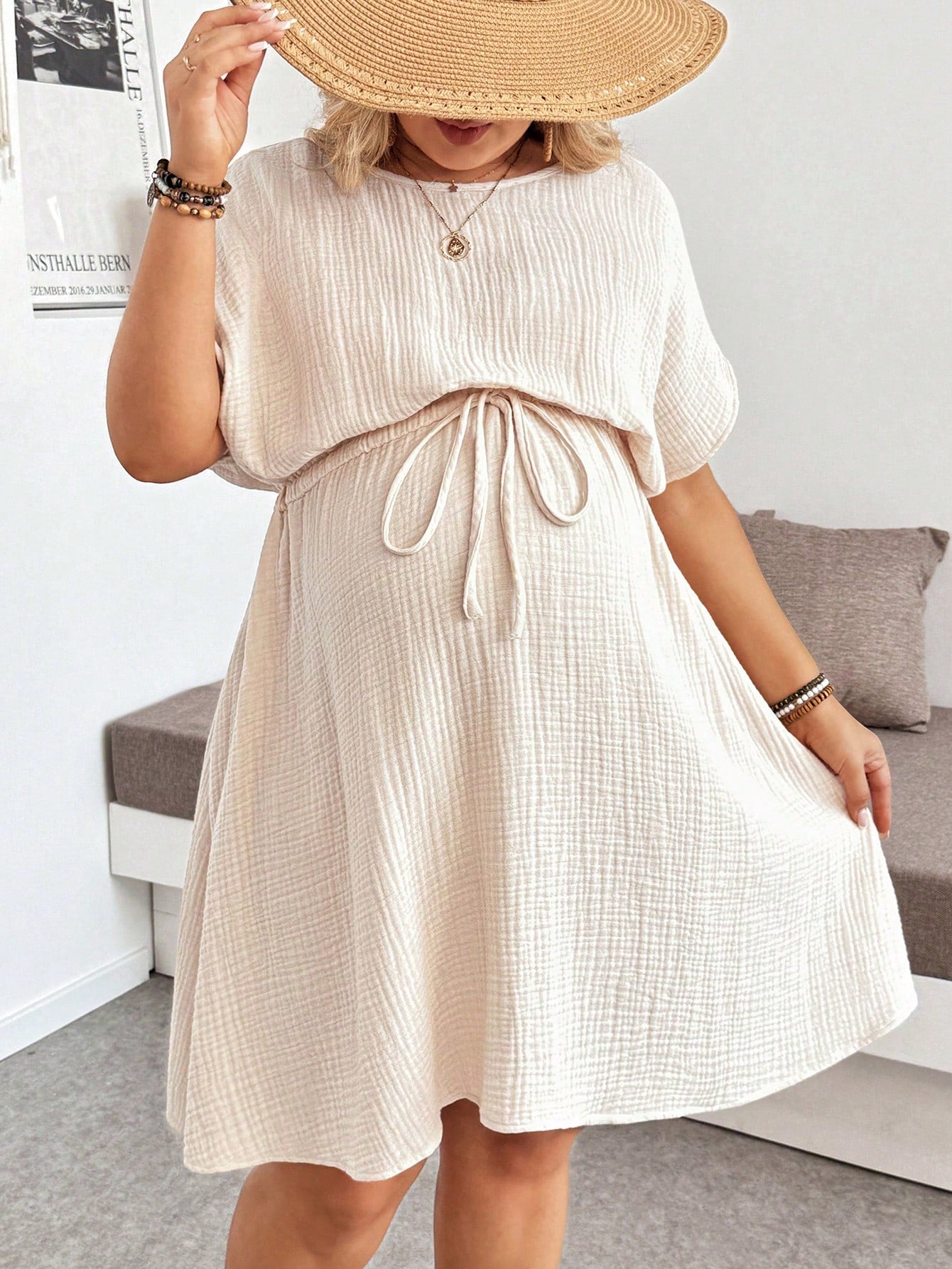 Plussiva Plus Size Pregnant Women's Solid Color Round Neck Batwing Sleeve Casual Dress Maternity Photoshoot Summer