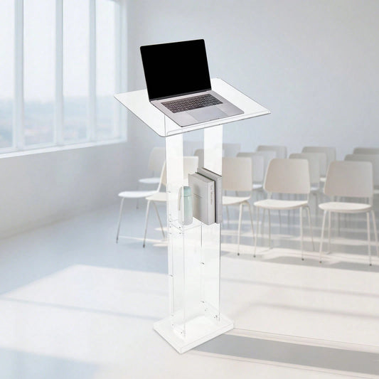 Podium Stand, 50-Inch Acrylic Lectern, Portable Laptop Desk With Wide Reading Surface And Storage Shelf, Book Stopper, Floor-Standing, For Classroom, Wedding, Conference, Lecture And Concert