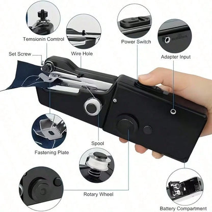 Portable Handheld Sewing Machine- Quick Sewing Mini Sewing Tool, White/Black, Compact Design With Adjustable Tension Knob And Presser Foot, Clothing Alterations| Handheld Sewing Device| Multifuncti