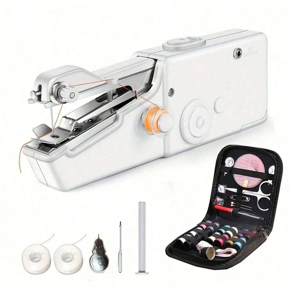Portable Handheld Sewing Machine- Quick Sewing Mini Sewing Tool, White/Black, Compact Design With Adjustable Tension Knob And Presser Foot, Clothing Alterations| Handheld Sewing Device| Multifuncti