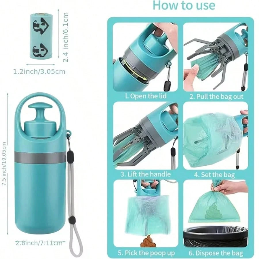 Portable Hands-Free Dog Poop Scooper, Includes 30 Poop Bags + 1 Poop Bag Dispenser (Random Color) + Leak-Proof Waste Container + 4 Anti-Lost Bells- Hands-Free Poop Cleaning Tool For Small, Medium, An