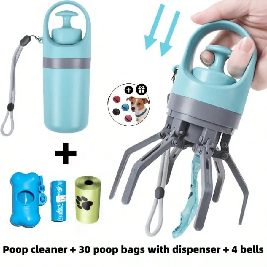 Portable Hands-Free Dog Poop Scooper, Includes 30 Poop Bags + 1 Poop Bag Dispenser (Random Color) + Leak-Proof Waste Container + 4 Anti-Lost Bells- Hands-Free Poop Cleaning Tool For Small, Medium, An