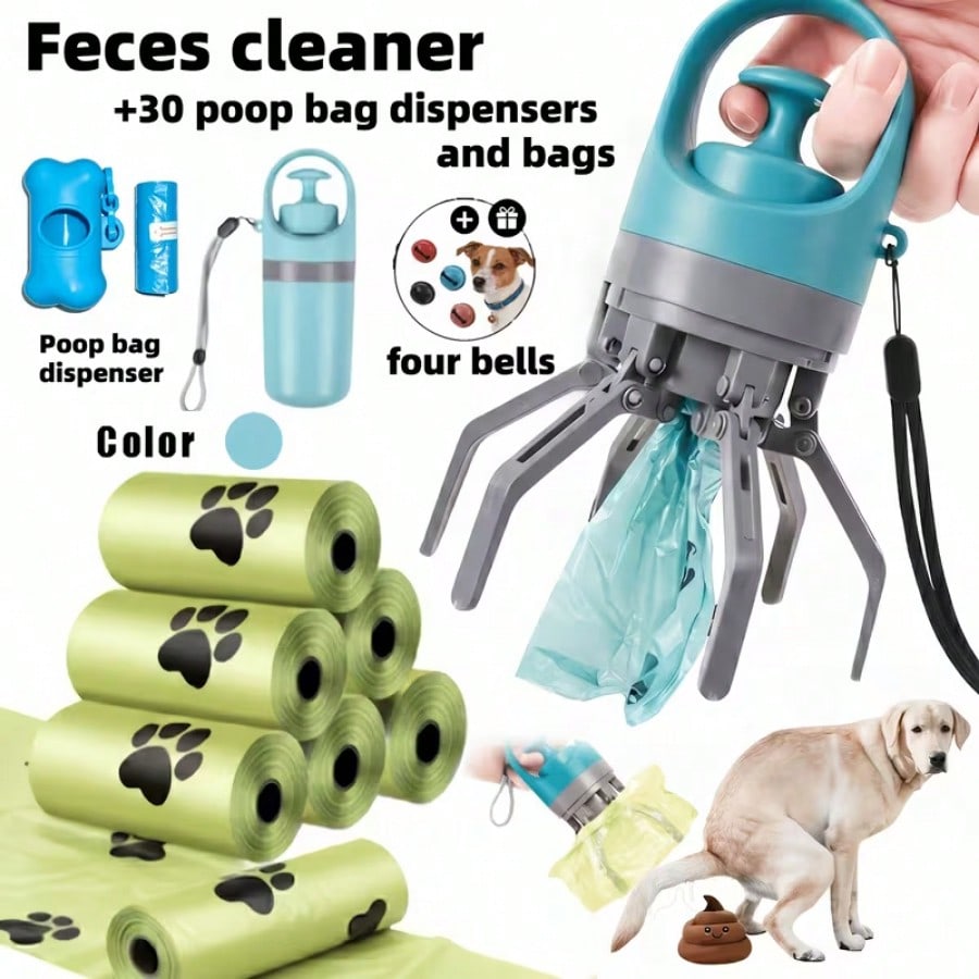 Portable Hands-Free Dog Poop Scooper, Includes 30 Poop Bags + 1 Poop Bag Dispenser (Random Color) + Leak-Proof Waste Container + 4 Anti-Lost Bells- Hands-Free Poop Cleaning Tool For Small, Medium, An